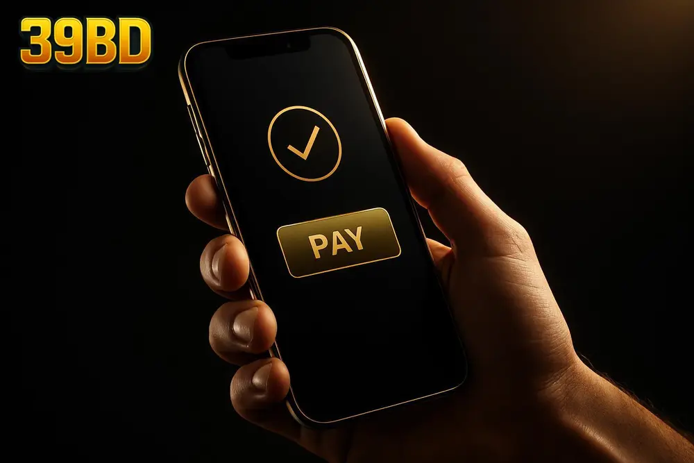 39BD bKash deposit — a hand holding a phone showing a mobile payment confirmation screen