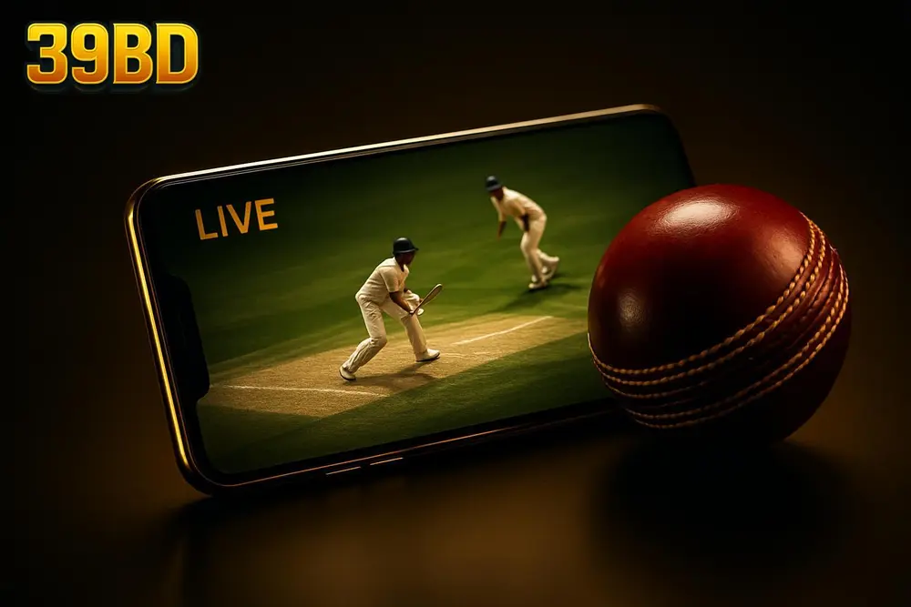 39BD cricket betting — a smartphone showing a live cricket match score beside a cricket ball