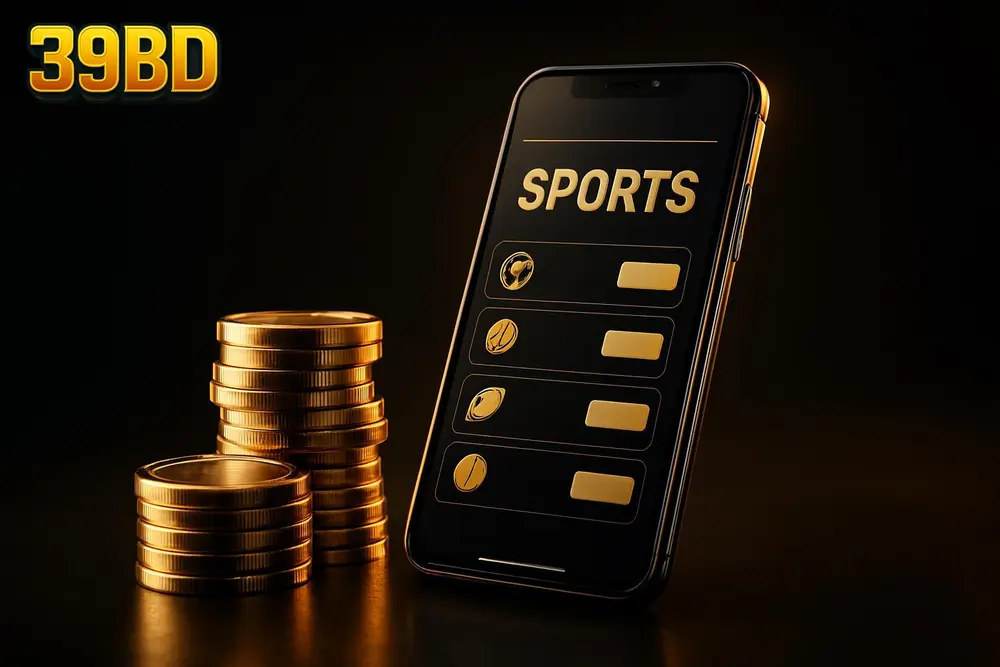 39BD Bangladesh betting site — a stack of golden coins beside a mobile phone showing a betting app