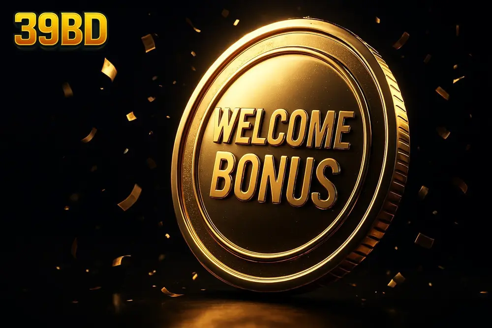 39BD signup bonus — a giant glowing welcome-bonus coin burst with confetti